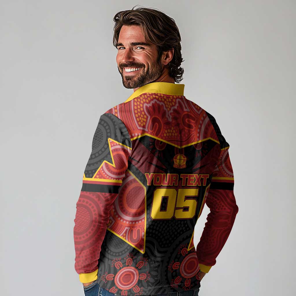 Custom Gold Coast Suns Red Long Sleeve Polo Shirt Football Player Sun Emblem Dynamic