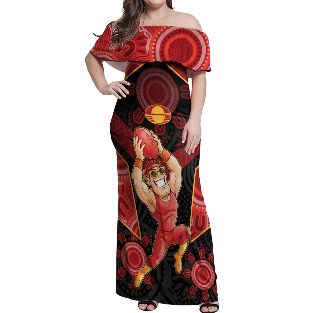 Custom Gold Coast Suns Red Off Shoulder Maxi Dress Football Player Sun Emblem Dynamic