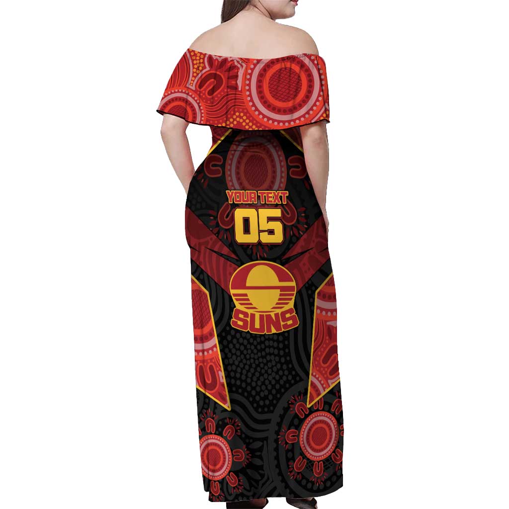 Custom Gold Coast Suns Red Off Shoulder Maxi Dress Football Player Sun Emblem Dynamic