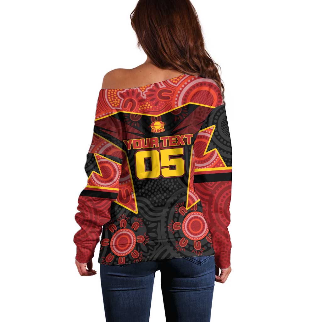 Custom Gold Coast Suns Red Off Shoulder Sweater Football Player Sun Emblem Dynamic