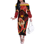 Custom Gold Coast Suns Red Off The Shoulder Long Sleeve Dress Football Player Sun Emblem Dynamic