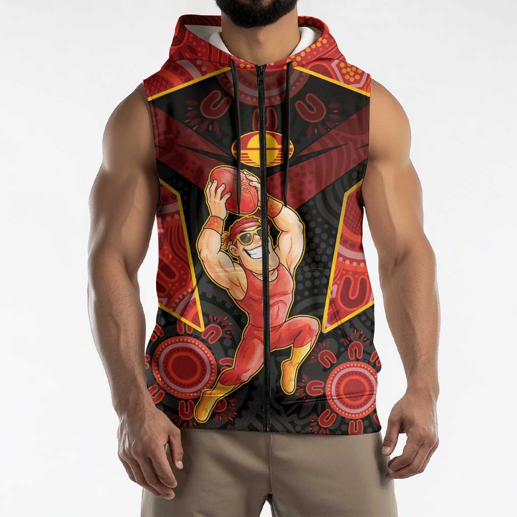 Custom Gold Coast Suns Red Sleeveless Zip Hoodie Football Player Sun Emblem Dynamic
