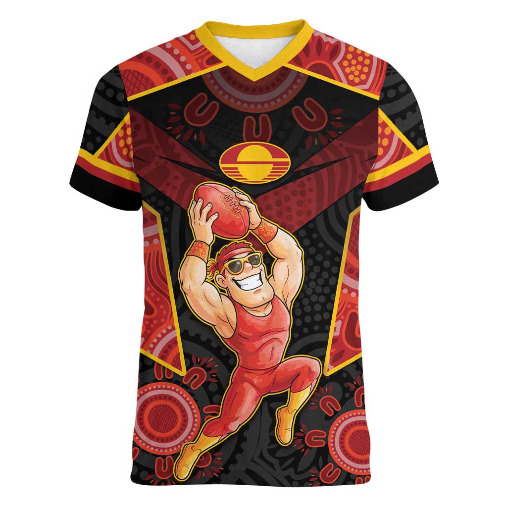 Custom Gold Coast Suns Red Women V-Neck T-Shirt Football Player Sun Emblem Dynamic