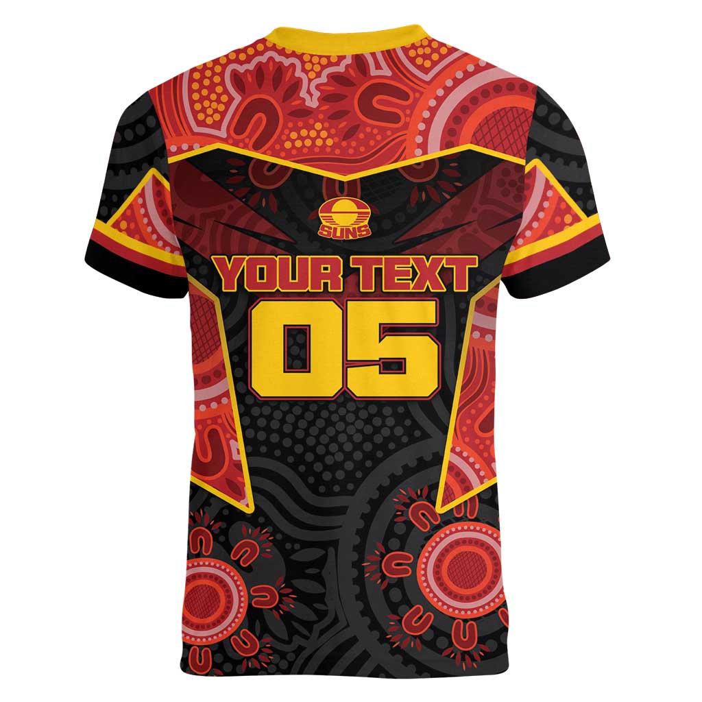 Custom Gold Coast Suns Red Women V-Neck T-Shirt Football Player Sun Emblem Dynamic