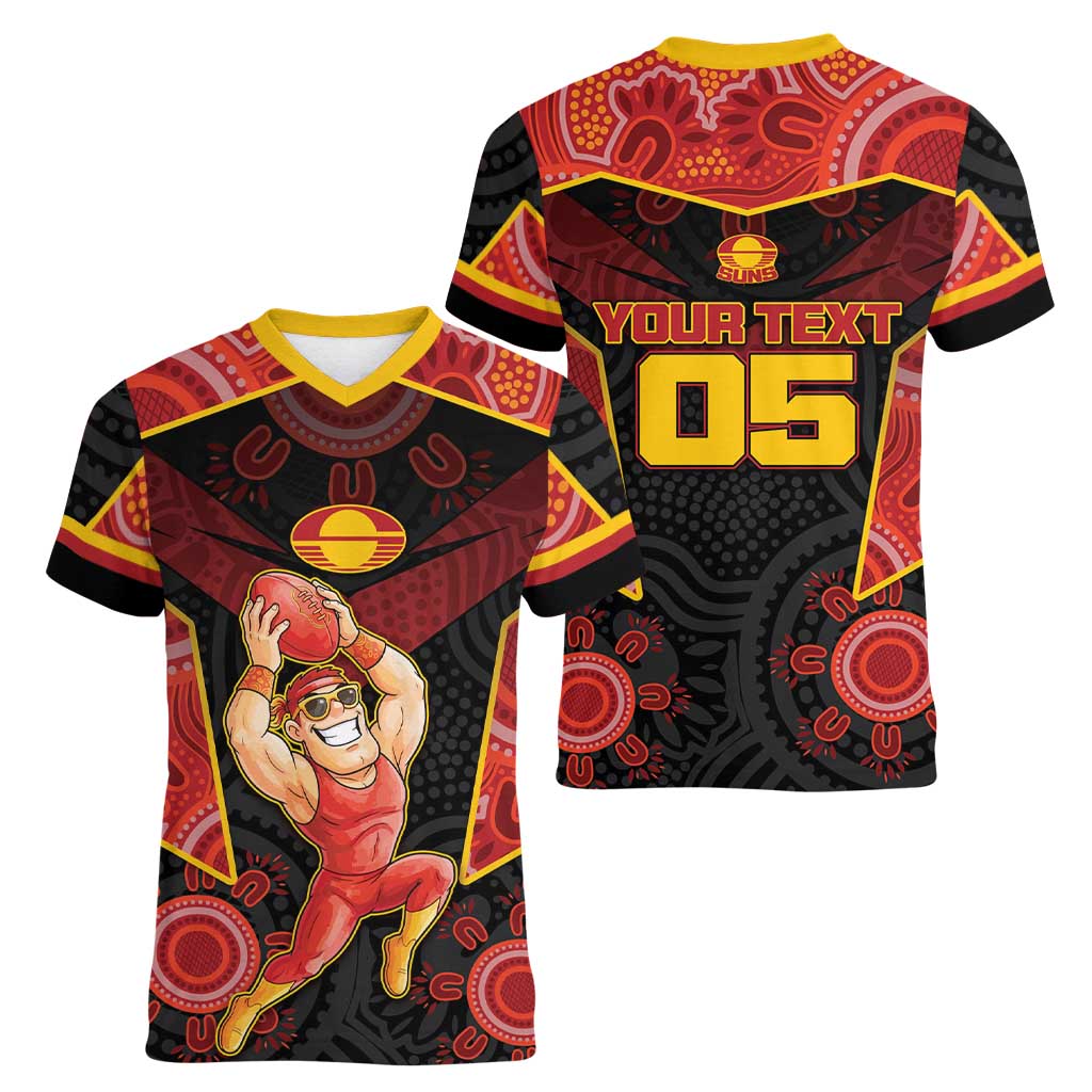 Custom Gold Coast Suns Red Women V-Neck T-Shirt Football Player Sun Emblem Dynamic