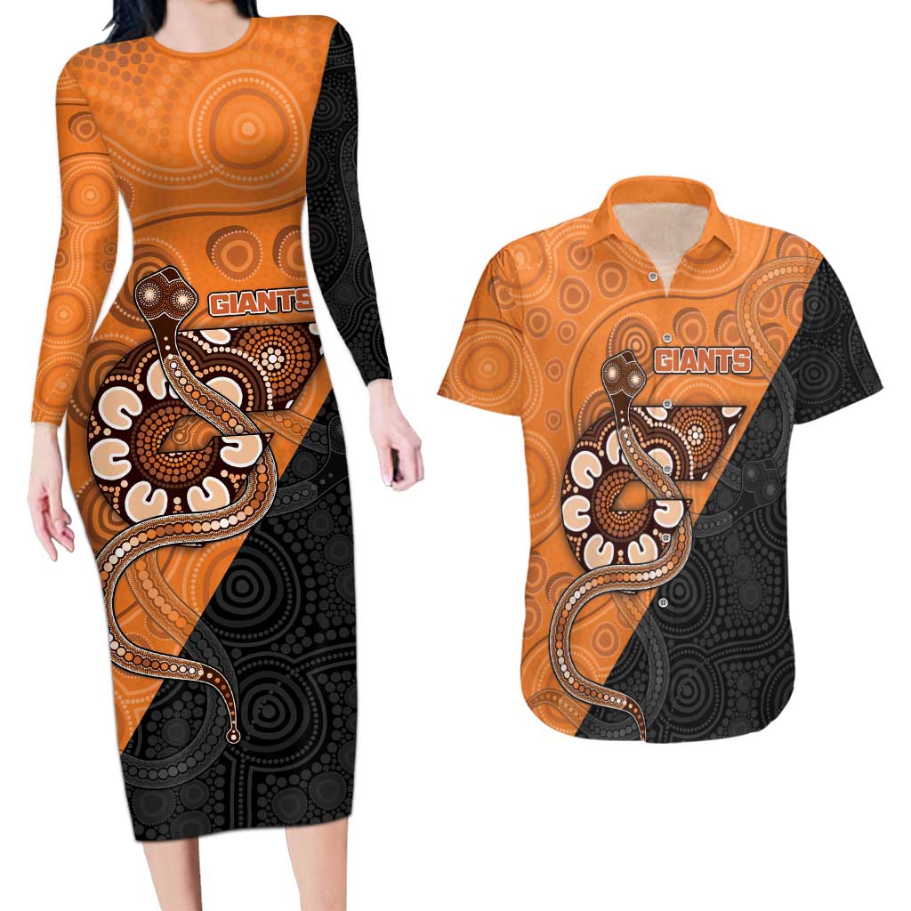 Custom Greater Western Sydney Giants Couples Matching Long Sleeve Bodycon Dress and Hawaiian Shirt Aboriginal Snake Dot Art