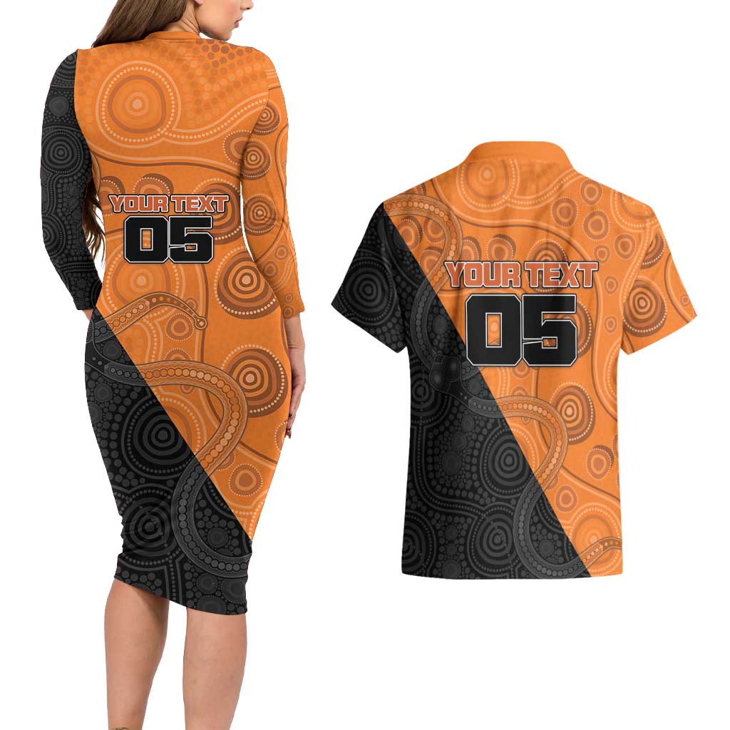 Custom Greater Western Sydney Giants Couples Matching Long Sleeve Bodycon Dress and Hawaiian Shirt Aboriginal Snake Dot Art