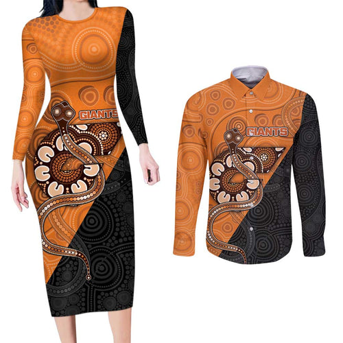 Custom Greater Western Sydney Giants Couples Matching Long Sleeve Bodycon Dress and Long Sleeve Button Shirt Aboriginal Snake Dot Art