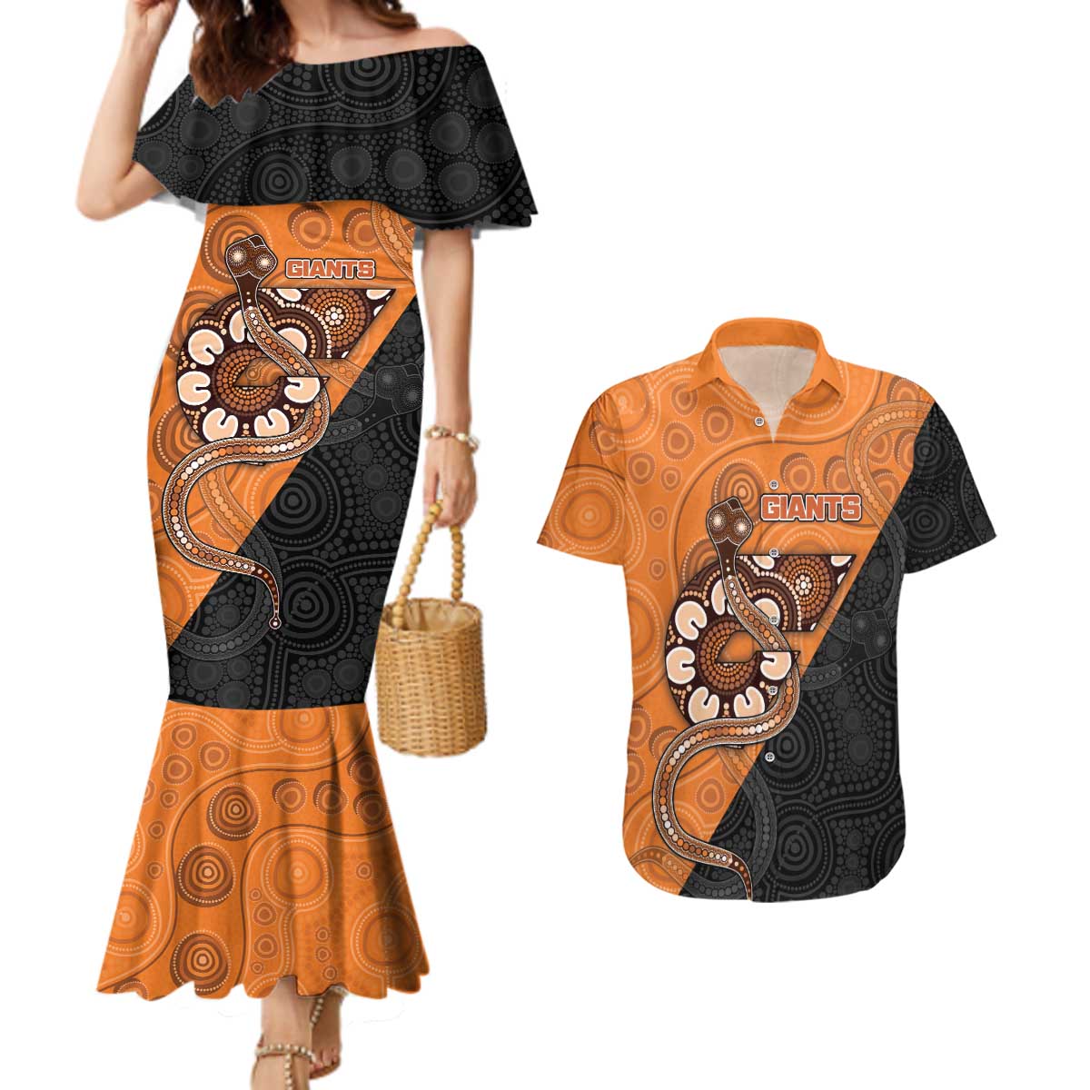 Custom Greater Western Sydney Giants Couples Matching Mermaid Dress and Hawaiian Shirt Aboriginal Snake Dot Art