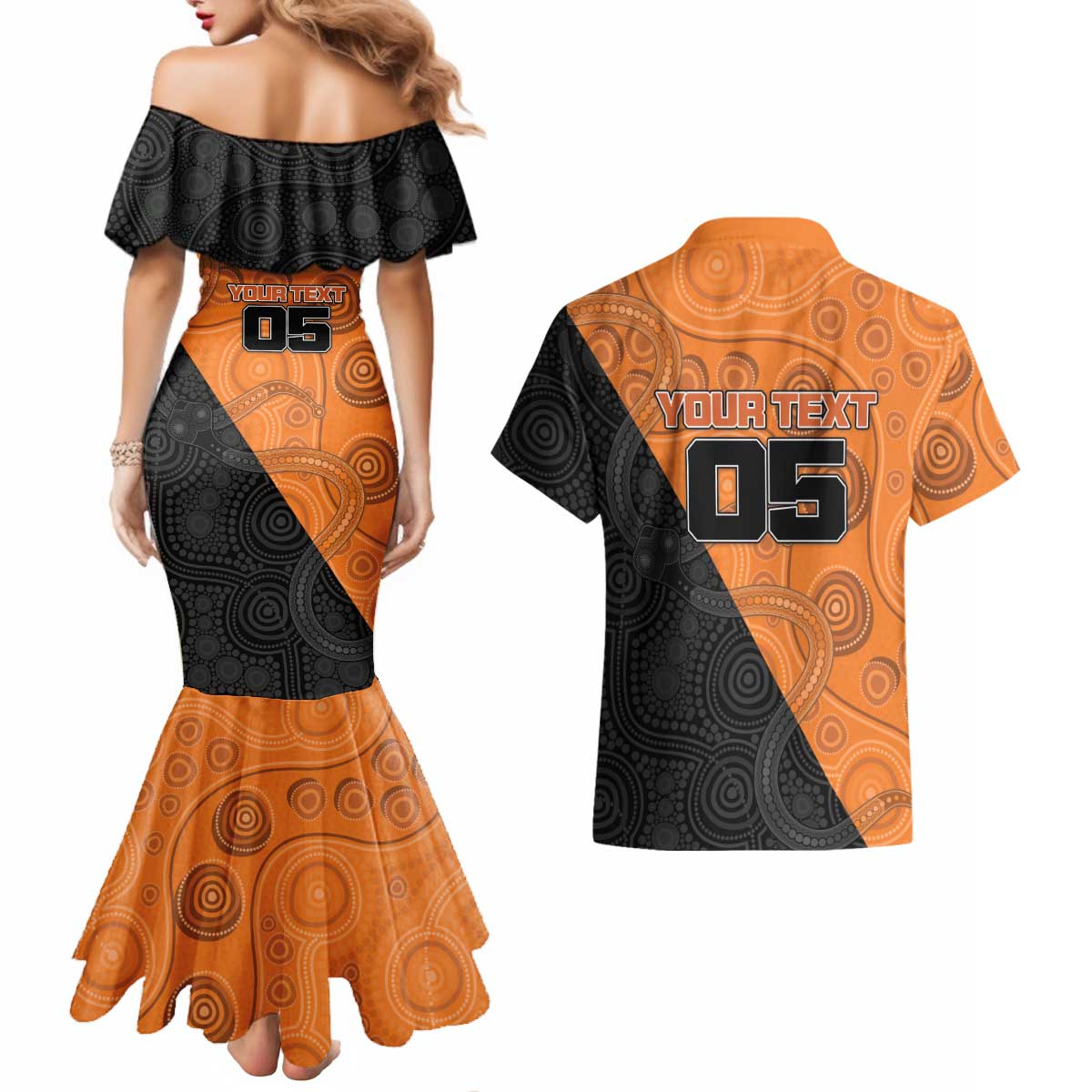 Custom Greater Western Sydney Giants Couples Matching Mermaid Dress and Hawaiian Shirt Aboriginal Snake Dot Art