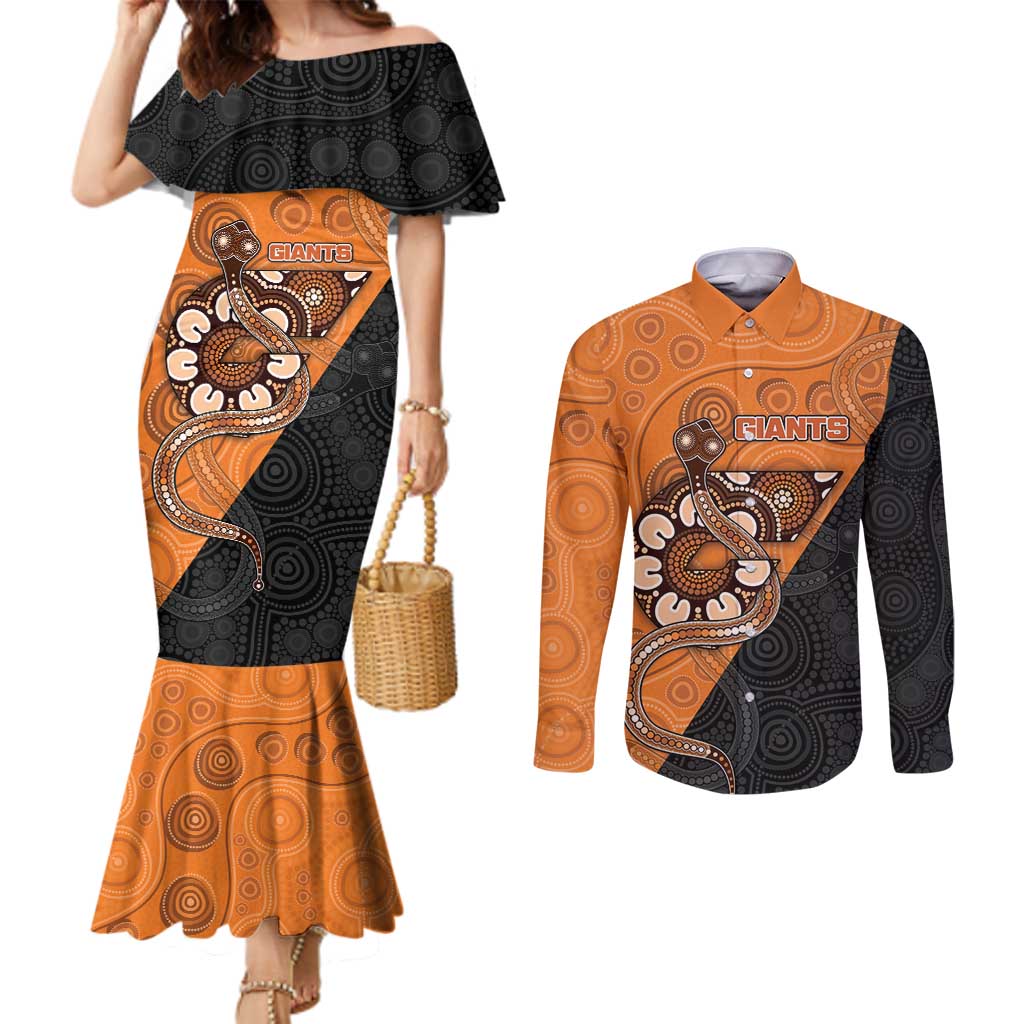 Custom Greater Western Sydney Giants Couples Matching Mermaid Dress and Long Sleeve Button Shirt Aboriginal Snake Dot Art
