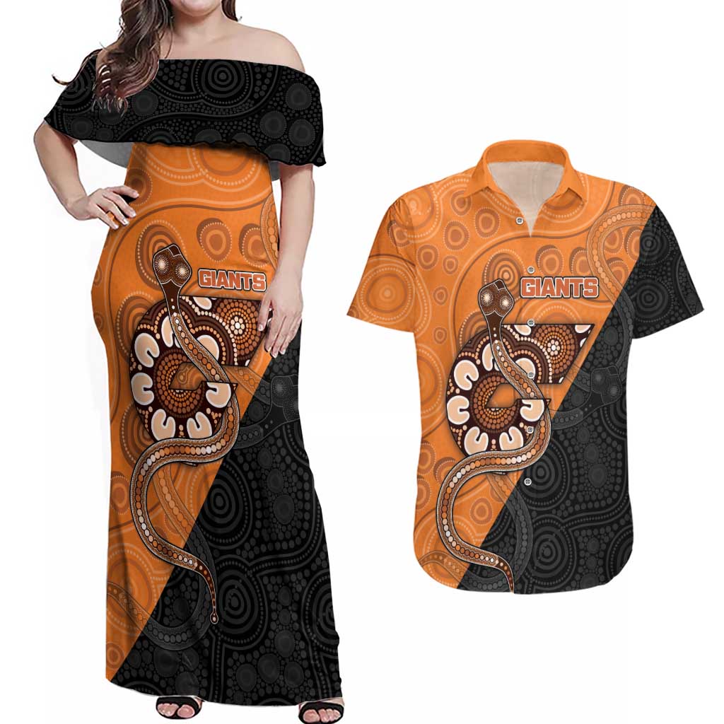 Custom Greater Western Sydney Giants Couples Matching Off Shoulder Maxi Dress and Hawaiian Shirt Aboriginal Snake Dot Art