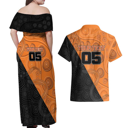 Custom Greater Western Sydney Giants Couples Matching Off Shoulder Maxi Dress and Hawaiian Shirt Aboriginal Snake Dot Art
