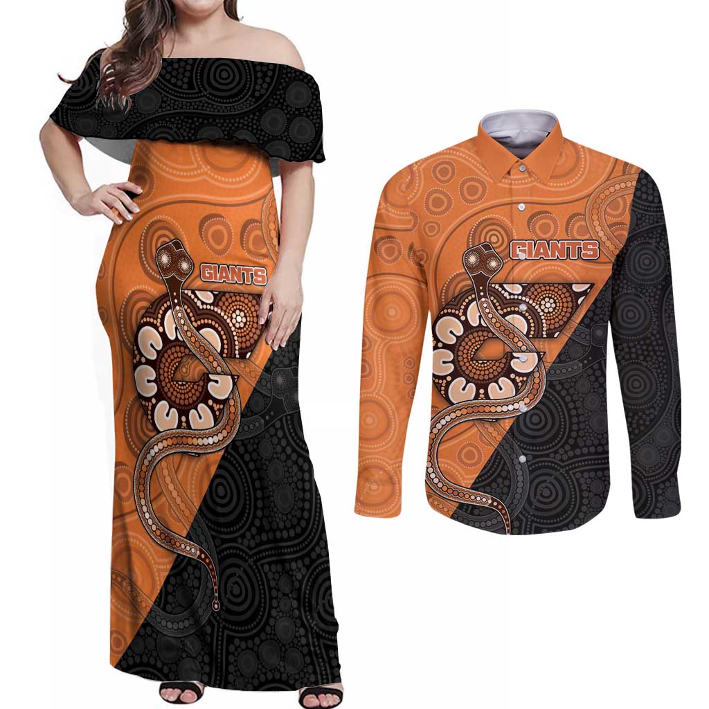 Custom Greater Western Sydney Giants Couples Matching Off Shoulder Maxi Dress and Long Sleeve Button Shirt Aboriginal Snake Dot Art