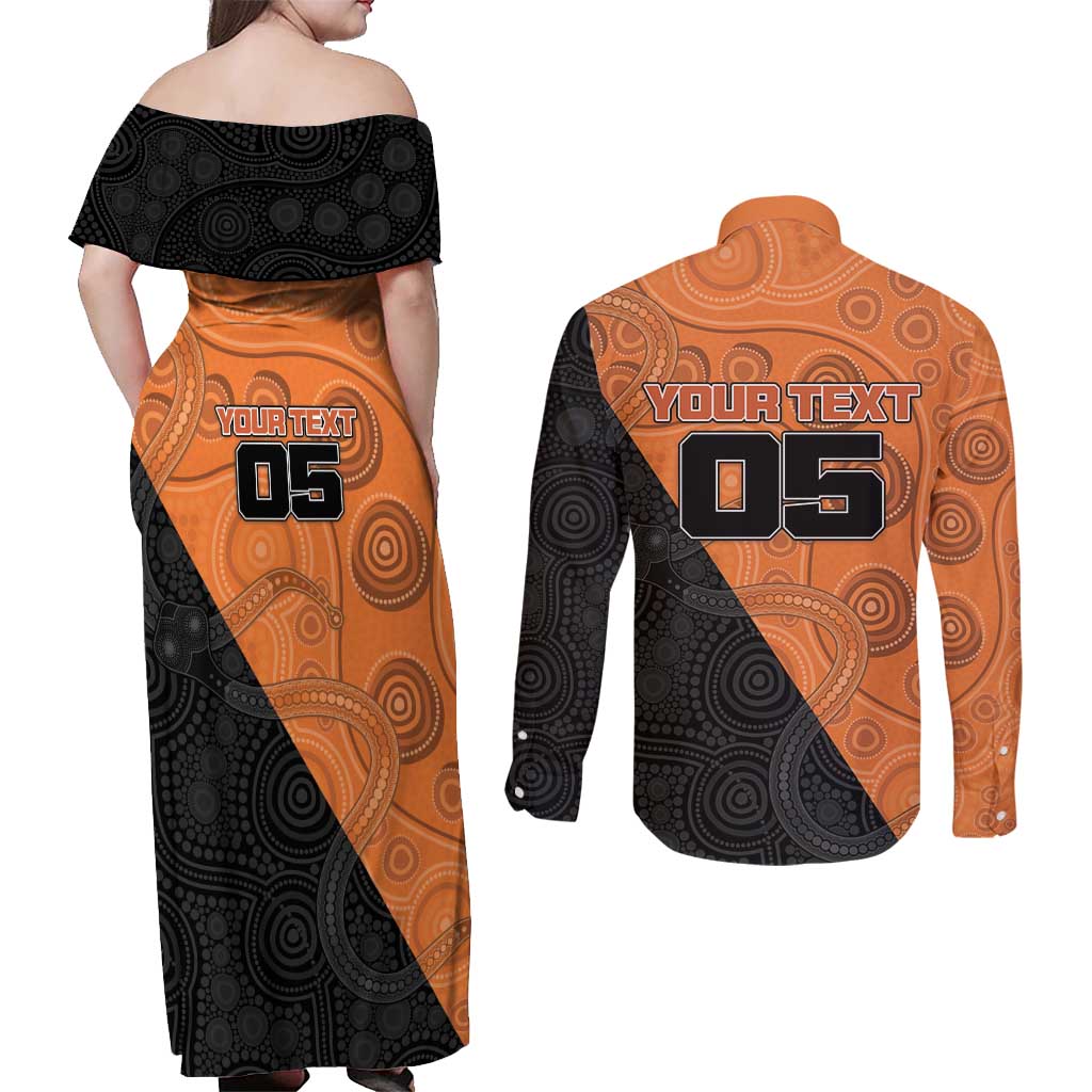 Custom Greater Western Sydney Giants Couples Matching Off Shoulder Maxi Dress and Long Sleeve Button Shirt Aboriginal Snake Dot Art