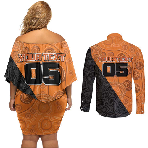 Custom Greater Western Sydney Giants Couples Matching Off Shoulder Short Dress and Long Sleeve Button Shirt Aboriginal Snake Dot Art