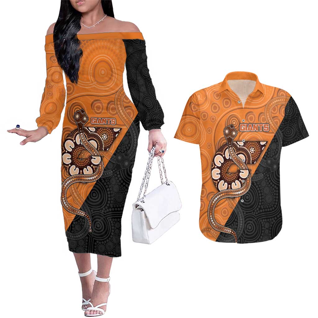 Custom Greater Western Sydney Giants Couples Matching Off The Shoulder Long Sleeve Dress and Hawaiian Shirt Aboriginal Snake Dot Art