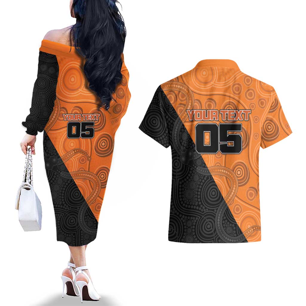 Custom Greater Western Sydney Giants Couples Matching Off The Shoulder Long Sleeve Dress and Hawaiian Shirt Aboriginal Snake Dot Art