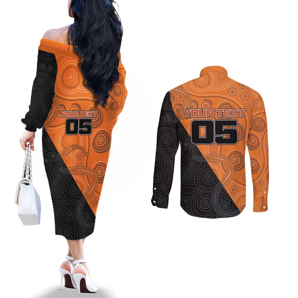 Custom Greater Western Sydney Giants Couples Matching Off The Shoulder Long Sleeve Dress and Long Sleeve Button Shirt Aboriginal Snake Dot Art