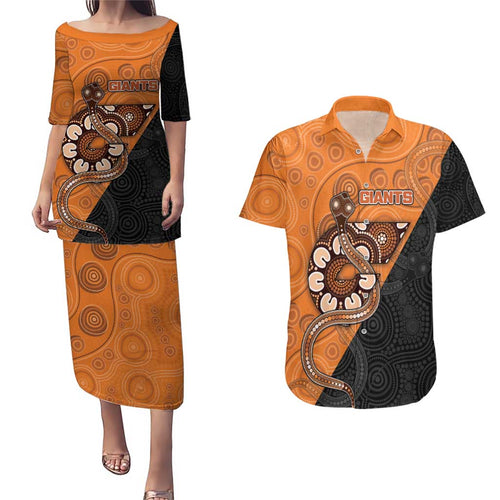 Custom Greater Western Sydney Giants Couples Matching Puletasi and Hawaiian Shirt Aboriginal Snake Dot Art