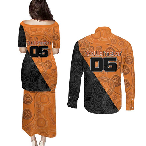 Custom Greater Western Sydney Giants Couples Matching Puletasi and Long Sleeve Button Shirt Aboriginal Snake Dot Art