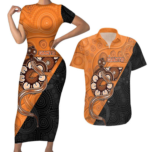 Custom Greater Western Sydney Giants Couples Matching Short Sleeve Bodycon Dress and Hawaiian Shirt Aboriginal Snake Dot Art