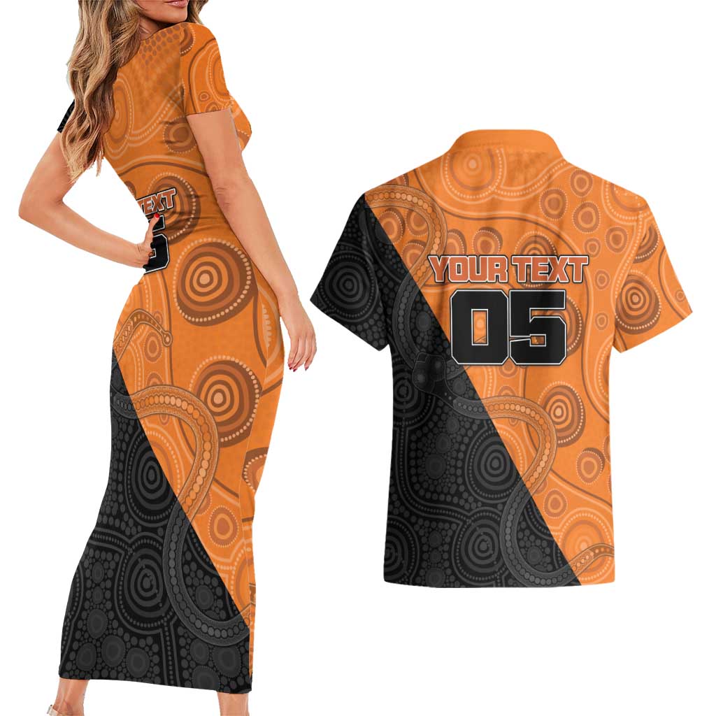 Custom Greater Western Sydney Giants Couples Matching Short Sleeve Bodycon Dress and Hawaiian Shirt Aboriginal Snake Dot Art