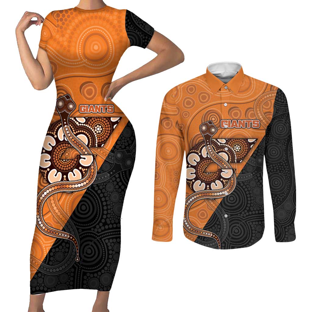 Custom Greater Western Sydney Giants Couples Matching Short Sleeve Bodycon Dress and Long Sleeve Button Shirt Aboriginal Snake Dot Art