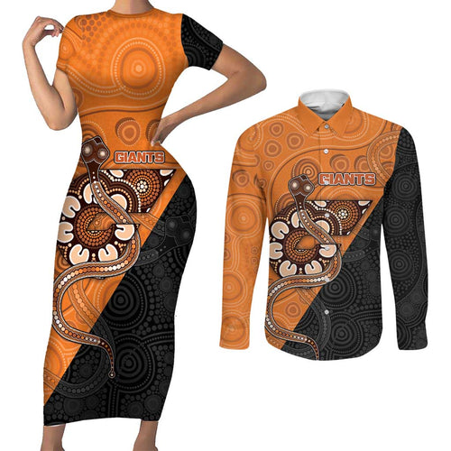 Custom Greater Western Sydney Giants Couples Matching Short Sleeve Bodycon Dress and Long Sleeve Button Shirt Aboriginal Snake Dot Art