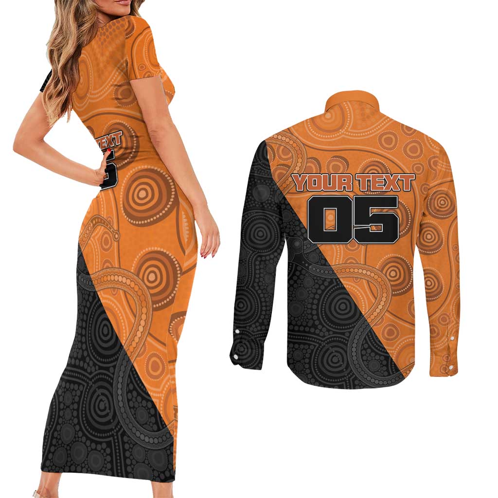 Custom Greater Western Sydney Giants Couples Matching Short Sleeve Bodycon Dress and Long Sleeve Button Shirt Aboriginal Snake Dot Art