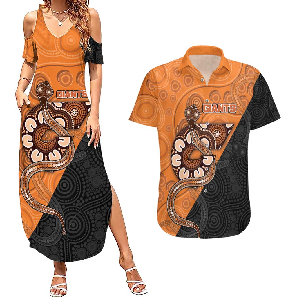 Custom Greater Western Sydney Giants Couples Matching Summer Maxi Dress and Hawaiian Shirt Aboriginal Snake Dot Art