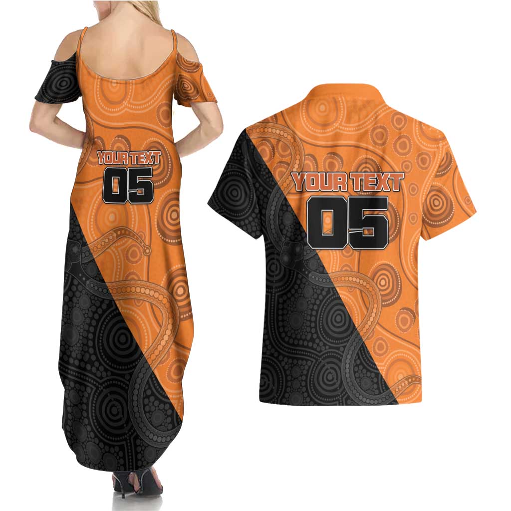 Custom Greater Western Sydney Giants Couples Matching Summer Maxi Dress and Hawaiian Shirt Aboriginal Snake Dot Art
