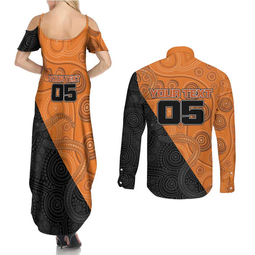 Custom Greater Western Sydney Giants Couples Matching Summer Maxi Dress and Long Sleeve Button Shirt Aboriginal Snake Dot Art