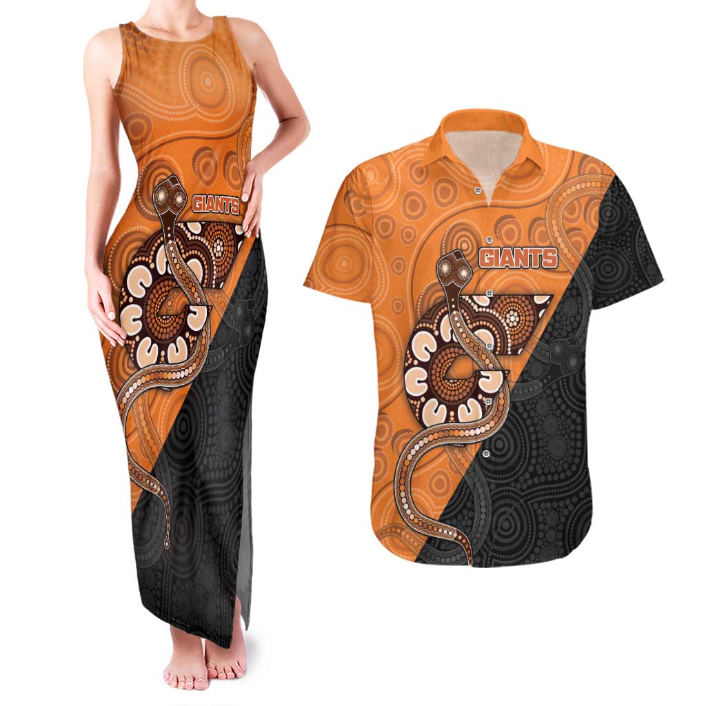 Custom Greater Western Sydney Giants Couples Matching Tank Maxi Dress and Hawaiian Shirt Aboriginal Snake Dot Art