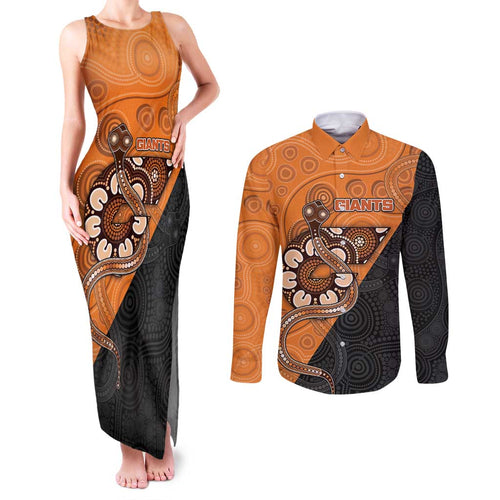 Custom Greater Western Sydney Giants Couples Matching Tank Maxi Dress and Long Sleeve Button Shirt Aboriginal Snake Dot Art