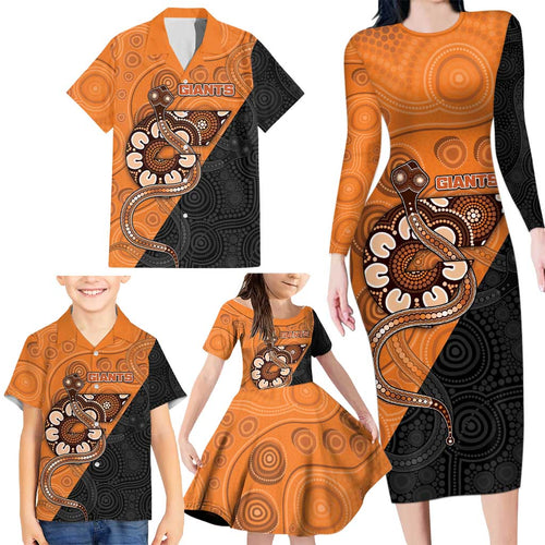 Custom Greater Western Sydney Giants Family Matching Long Sleeve Bodycon Dress and Hawaiian Shirt Aboriginal Snake Dot Art