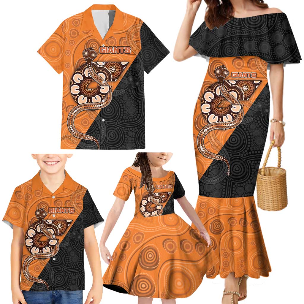 Custom Greater Western Sydney Giants Family Matching Mermaid Dress and Hawaiian Shirt Aboriginal Snake Dot Art