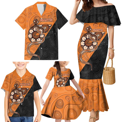 Custom Greater Western Sydney Giants Family Matching Mermaid Dress and Hawaiian Shirt Aboriginal Snake Dot Art