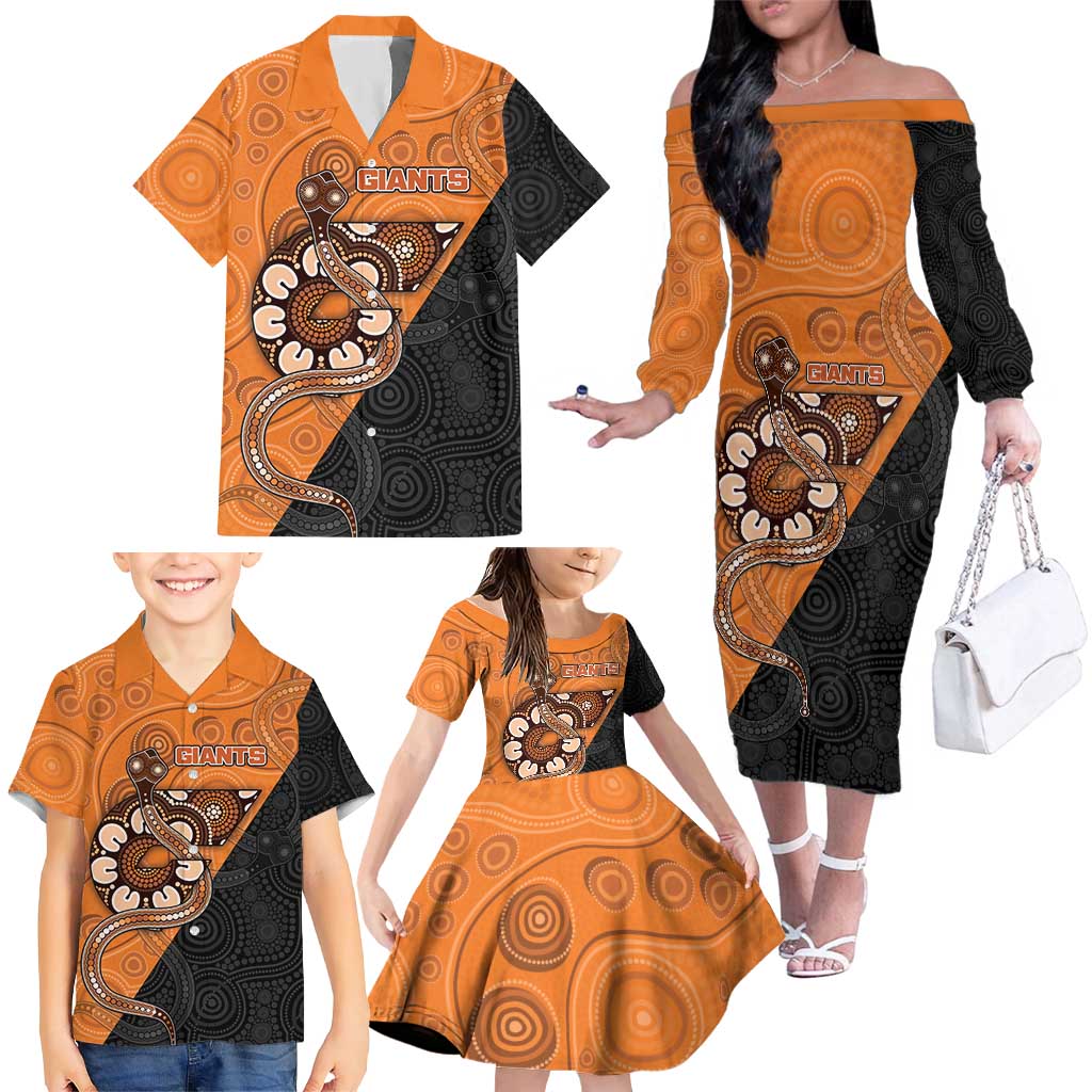 Custom Greater Western Sydney Giants Family Matching Off The Shoulder Long Sleeve Dress and Hawaiian Shirt Aboriginal Snake Dot Art