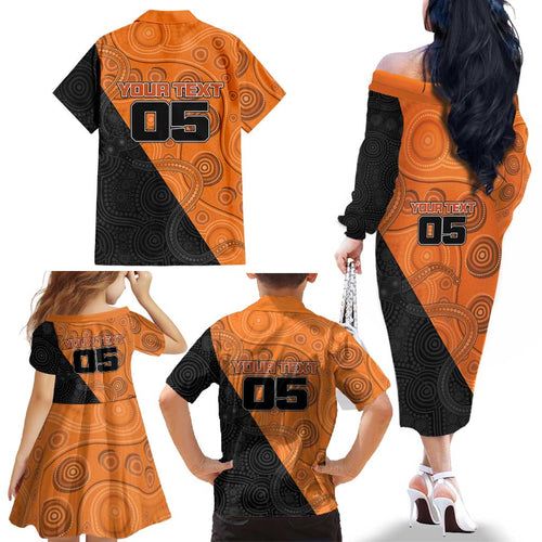 Custom Greater Western Sydney Giants Family Matching Off The Shoulder Long Sleeve Dress and Hawaiian Shirt Aboriginal Snake Dot Art