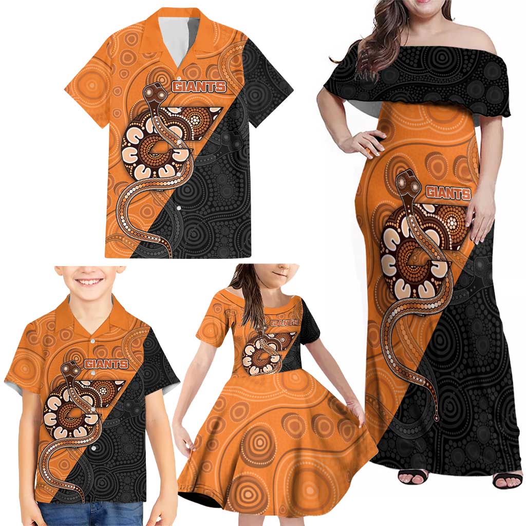 Custom Greater Western Sydney Giants Family Matching Off Shoulder Maxi Dress and Hawaiian Shirt Aboriginal Snake Dot Art