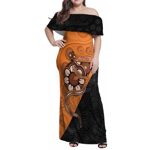 Custom Greater Western Sydney Giants Family Matching Off Shoulder Maxi Dress and Hawaiian Shirt Aboriginal Snake Dot Art