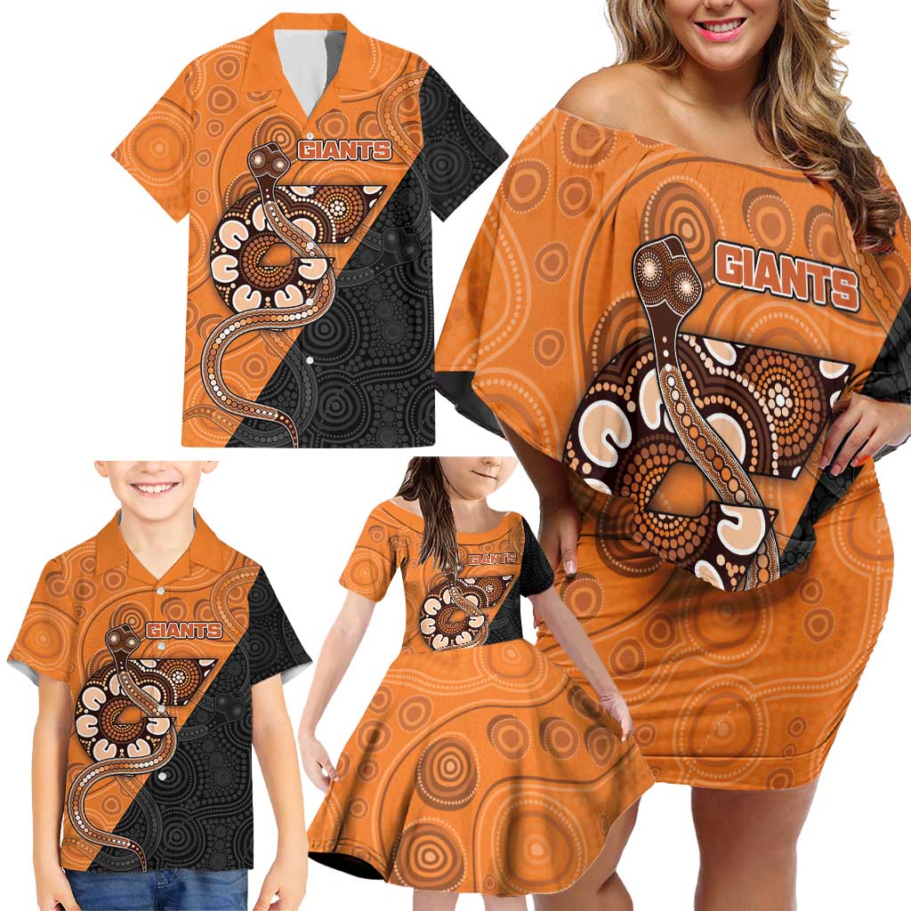 Custom Greater Western Sydney Giants Family Matching Off Shoulder Short Dress and Hawaiian Shirt Aboriginal Snake Dot Art