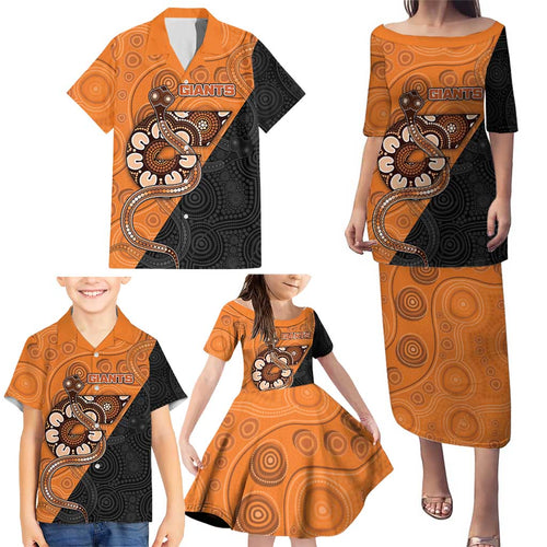 Custom Greater Western Sydney Giants Family Matching Puletasi and Hawaiian Shirt Aboriginal Snake Dot Art