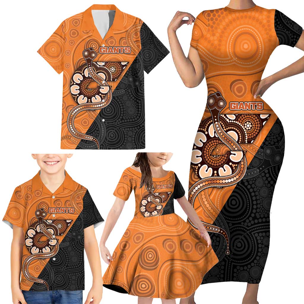 Custom Greater Western Sydney Giants Family Matching Short Sleeve Bodycon Dress and Hawaiian Shirt Aboriginal Snake Dot Art