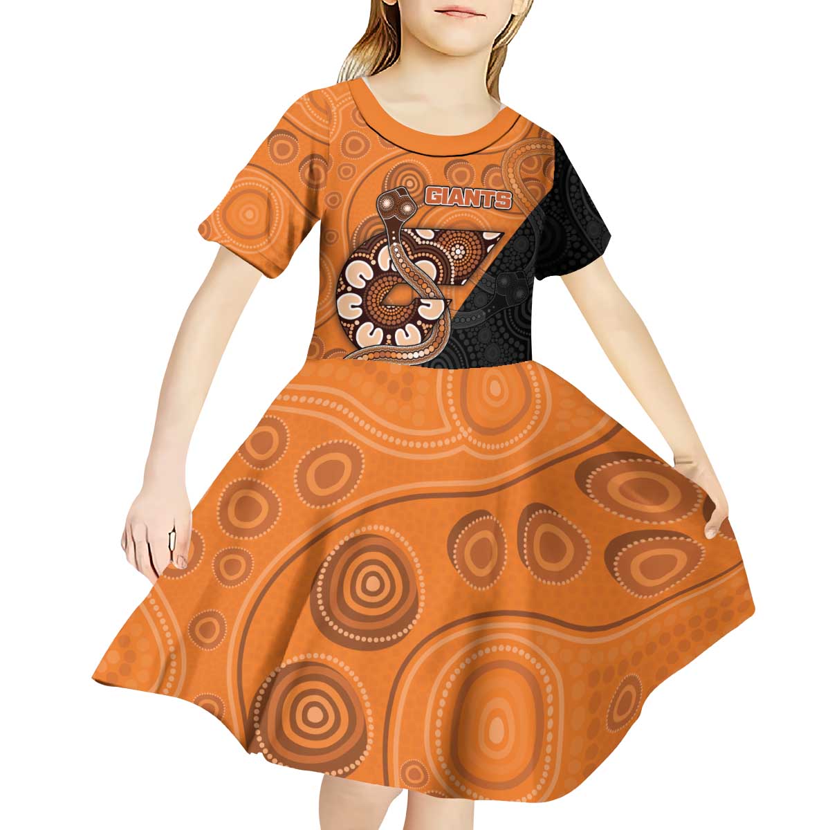 Custom Greater Western Sydney Giants Kid Short Sleeve Dress Aboriginal Snake Dot Art