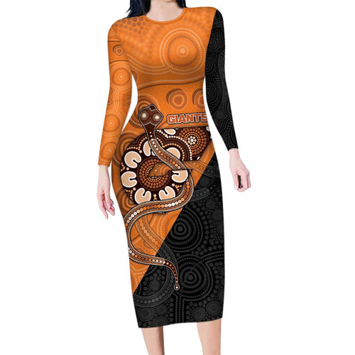 Custom Greater Western Sydney Giants Long Sleeve Bodycon Dress Aboriginal Snake Dot Art