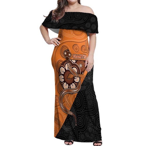 Custom Greater Western Sydney Giants Off Shoulder Maxi Dress Aboriginal Snake Dot Art