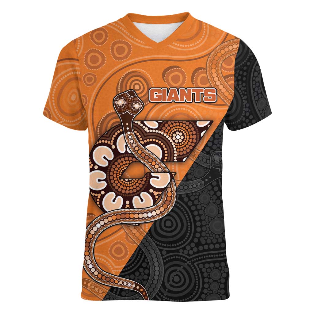 Custom Greater Western Sydney Giants Women V-Neck T-Shirt Aboriginal Snake Dot Art