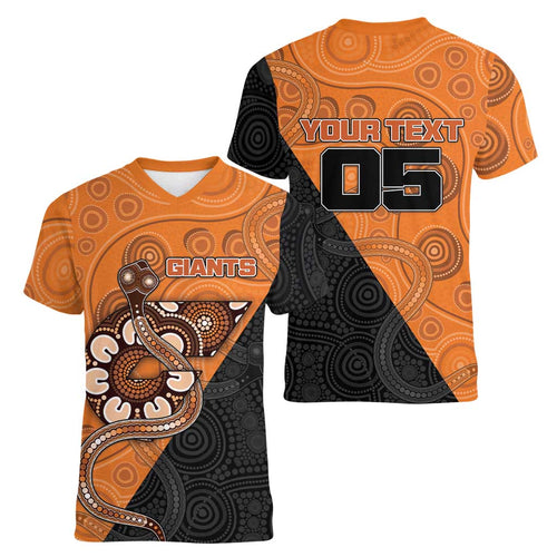 Custom Greater Western Sydney Giants Women V-Neck T-Shirt Aboriginal Snake Dot Art
